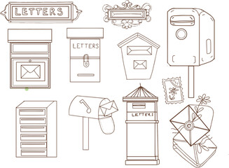 Mail retro mailboxes different, letters postage stamp hand drawn set isolated on white background sketch doodle cute