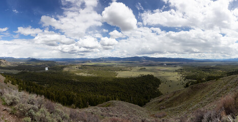 Trees, Land and Mountains in American Landscape. Spring Season. Grand Teton National Park. Wyoming, United States. Nature Background Panorama