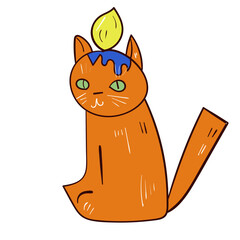 Colourful cat candle with fire. Wax light. Vector icon on white background.