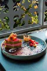 Dessert spread on the table in a sweet shop.