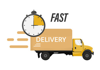 Truck with stopwatch timer, fast and safe delivery. Vector illustration