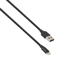 cable with USB and Lightning connector, on white background