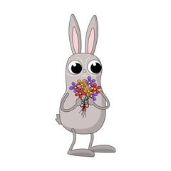 Rabbit, bunny with a bouquet of flowers. Cute cartoon animal. Vector illustration.