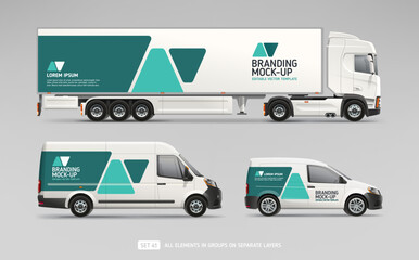 Realistic Truck Trailer, Van, Company Car with abstract brand identity design - mock-up set. Abstract geometric graphics design for company branding on delivery Transport. Editable Vector Mockup