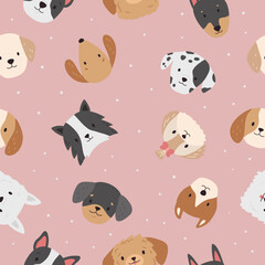 Childish seamless pattern with dogs faces on pink background. Doodle puppies heads. Cartoon breeds of dogs. Vector illustration.