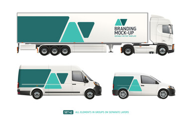Truck Trailer, Cargo Van, Freight Car with abstract brand identity design - realistic mock-up set. Green geometric graphics design for company branding on delivery Transport. Editable Vector Mockup
