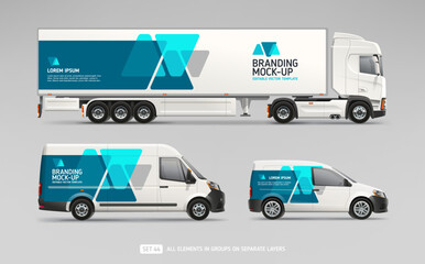 Truck Trailer, Delivery Van, Company Car with abstract brand identity design - editable mock-up set. Blue geometric graphics design for company branding on delivery Transport. Editable Vector Mockup