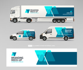 Realistic Truck Trailer, Cargo Van, Company Car with abstract brand identity design - mock-up set. Abstract geometric graphics design for company branding. Business flyer. Editable Vector Mockup