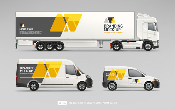 Truck, Van, Company Car with abstract brand identity design - vector mock-up set. Abstract geometric graphics design for company branding. Delivery Transport. Corporate style. Editable Vector Mockup