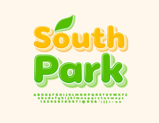 Vector modern logo South Park with decorative Leaf. Bright glossy Font. Green Alphabet Letters, Numbers and Symbols set