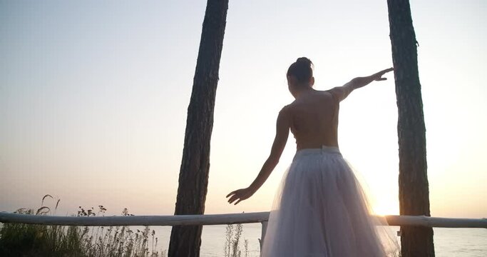 Talented graceful slim woman in tutu dancing bending in sunrays outdoors. Back view portrait of gorgeous Caucasian ballerina performing at sunrise at background of river or sea. Cinema 4k ProRes HQ