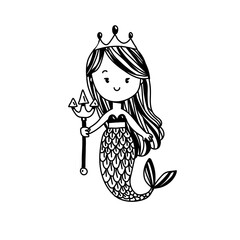 Cute little mermaid with long tale and a crown, hand drawn stock vector illustration, isolated on white background. Cartoon doodle, simple design for coloring page
