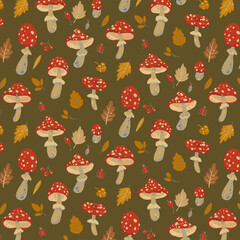 Poisonous mushroom, red caps amanita, fly agaric. Autumn seamless pattern design. Forest leaves and fungus cute hand drawn vector background. Colorful seasonal print texture.