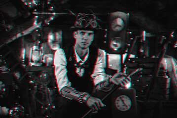 steampunk man in hat with cyberpunk glasses cosplays a virtual character of computer game. Black and white 3d concept with glitch effect