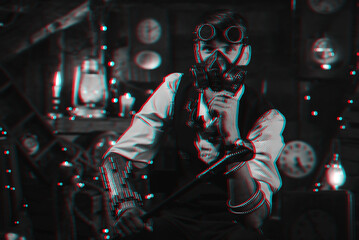 steampunk man in cyberpunk glasses and gas mask cosplays a virtual character of computer game. Black and white 3d concept with glitch effect