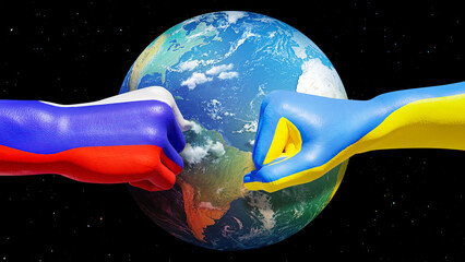 The confrontation between Russia and Ukraine is expressed in hands painted in the colors of the flags on a planet background. Stand with Ukraine. 3d illustration