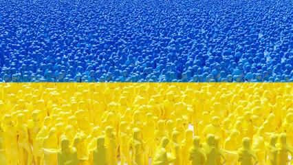 A crowd of people in the colors of the Ukrainian flag symbolizes the unity of the people. 3d illustration