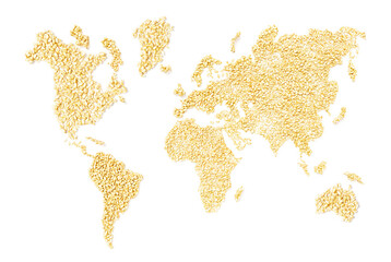 Concept of global hunger. World map made of wheat grains. Grain continents. 3d illustration