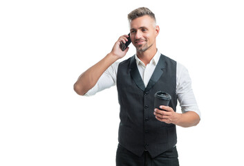 Happy professional man talking on mobile phone during coffee break isolated on white