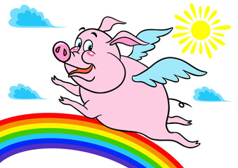 Pigs Do Fly. A happy little pig with wings flies over the rainbow. Pink cartoon pig.