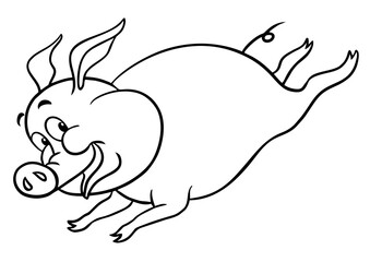 Vector outline image of a cheerful running pig isolated on white. Cartoon little pig.