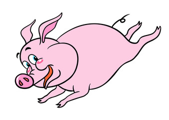 Vector image of a cheerful pink pig, isolated on white. Pink cartoon pig.