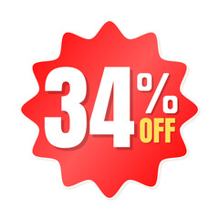 34% percent off(offer), shop now, red and yellow 3D super discount sticker, sale. vector illustration, Thirty four 