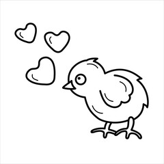 Isolated line vector illustration of a small chicken with hearts. Spring, summer, Easter theme. Suitable for web and mobile design, coloring books.