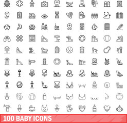 100 baby icons set. Outline illustration of 100 baby icons vector set isolated on white background