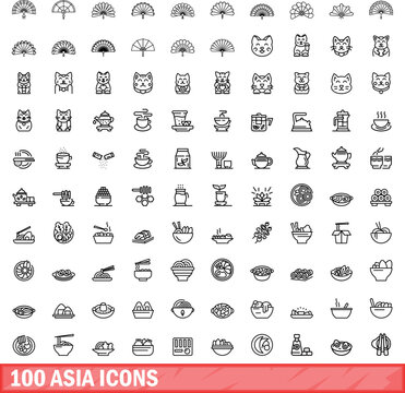100 asia icons set. Outline illustration of 100 asia icons vector set isolated on white background