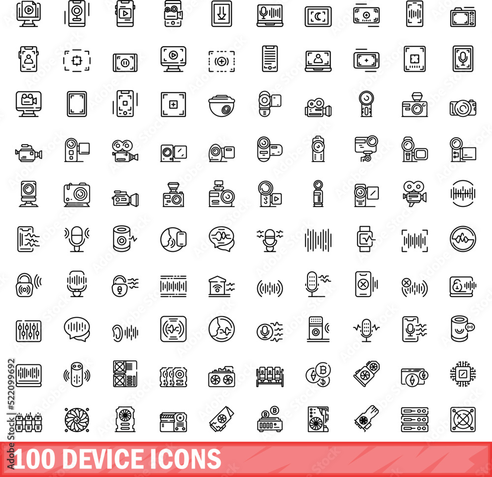 Poster 100 device icons set. outline illustration of 100 device icons vector set isolated on white backgrou