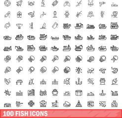 100 fish icons set. Outline illustration of 100 fish icons vector set isolated on white background