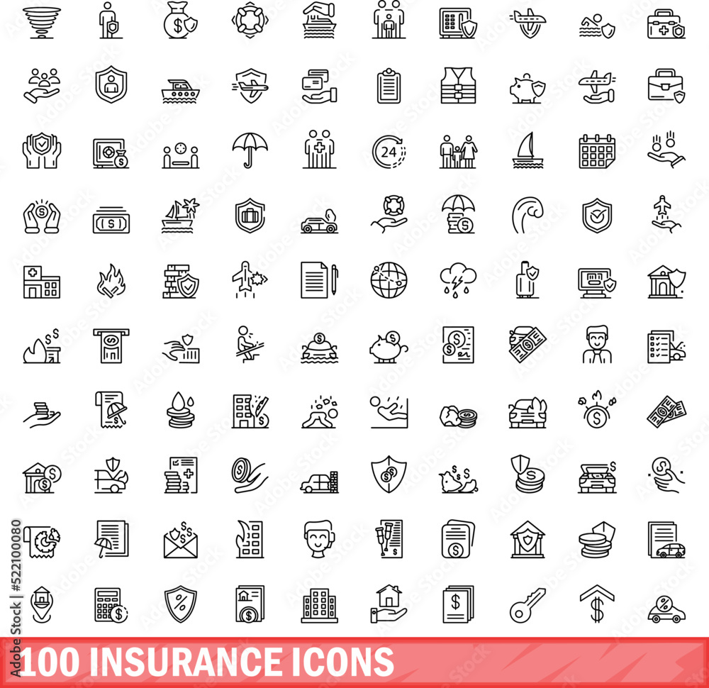 Wall mural 100 insurance icons set. outline illustration of 100 insurance icons vector set isolated on white ba - Wall murals