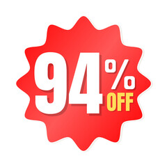 94% percent off(offer), shop now, red and yellow 3D super discount sticker, sale. vector illustration, Ninety-four 