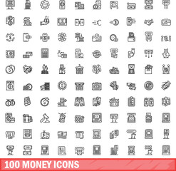 100 money icons set. Outline illustration of 100 money icons vector set isolated on white background