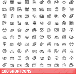 100 shop icons set. Outline illustration of 100 shop icons vector set isolated on white background