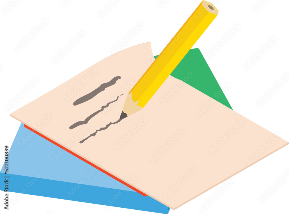 Poster pencil writing icon isometric vector. pencil write on paper sheet and stack book. offline learning c