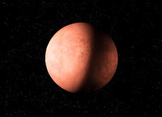 Distant rocky planet from alien star system. Realistic exoplanet. View from space.