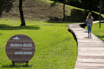 First visitors arriving to the visitor center of Barac caves, beautiful underground caves in...