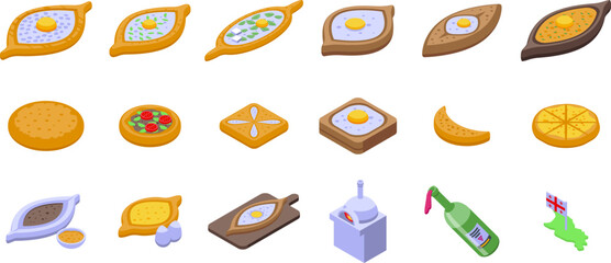 Khachapuri icons set isometric vector. Pie bakery. Food georgian