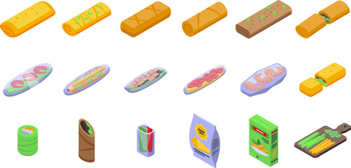 Spring roll icons set isometric vector. Food vietnamese. Asia food