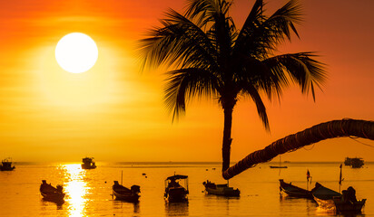 Sunset on Koh Tao Island. Traditional boats and tropical island landscape. Thailand's famous travel and holiday island. 