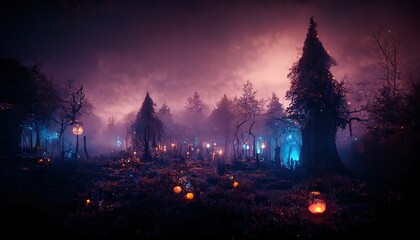 Fototapeta na wymiar Realistic haunted forest creepy landscape at night. Fantasy Halloween forest background. Digital art.