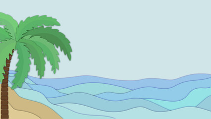 Fototapeta na wymiar Original minimalist background for presentation and web design. Sea, sandy shore, palm tree, clear sky. Paper cut style. Vector illustration.