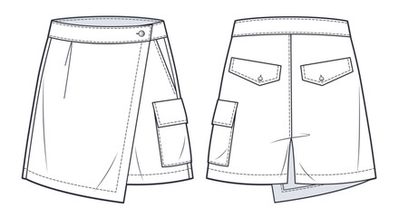 Short Pants technical fashion illustration. High Waisted  Shorts, Skirt fashion flat sketch template, front, back view, white, women, CAD mockup.