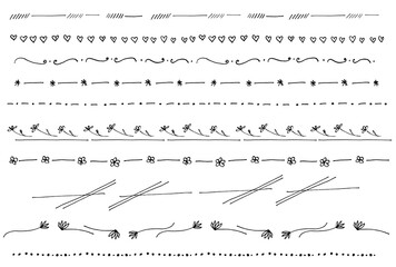 Strokes for seamless frame borders. Handmade brush with marker pen. Decorative ornaments, flowers to compose layout, wedding invitation design, details. Polka dots lines, dashes and graphic resources.