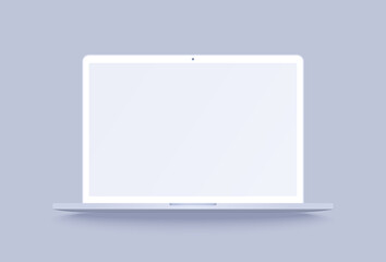 White laptop mockup. Clay notebook in 3d realistic style for promo your web design or presentation. Clay laptop with blank screen isolated on purple background with shadow.