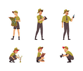 Male and Female as Park Ranger or Forest Rangers Protecting and Preserving National Parklands Vector Set