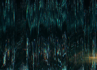 Glitch overlay. Analog noise texture. Electronic defect. Green blue black color glowing distortion artifacts light flare on dark illustration abstract background. © golubovy