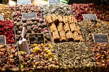 Egyptian bazaar with lots of spices, dry fruits and tea, Istanbul, Turkey
